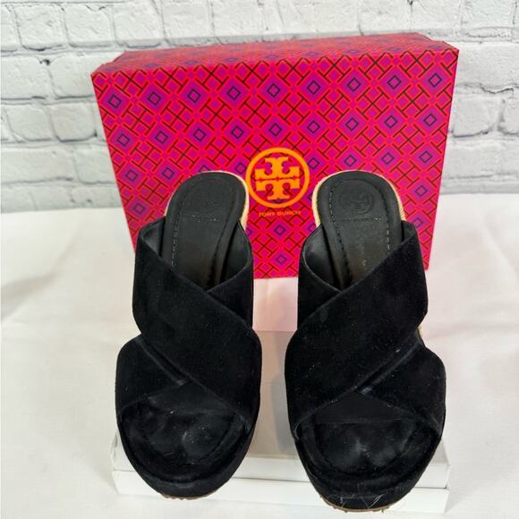 #TORY BURCH Bailey 110mm Wedge Mules Suede Black Size 7.5 - Picture 2 of 8